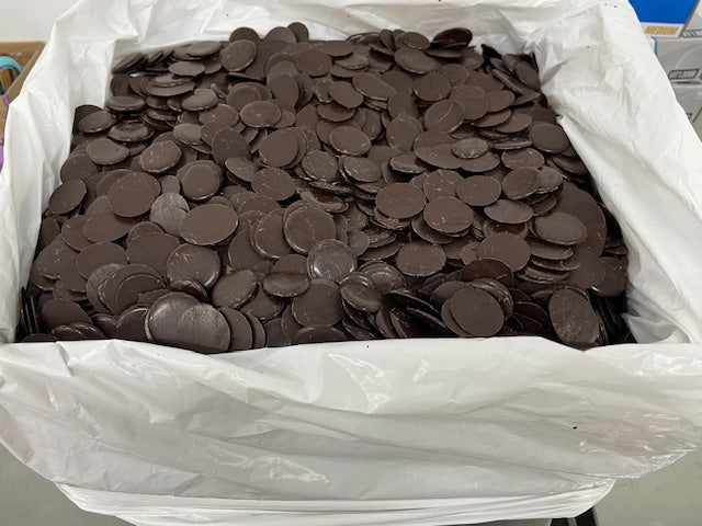 Sweet William plant-based dark choc buttons in a 12.5kg bulk box